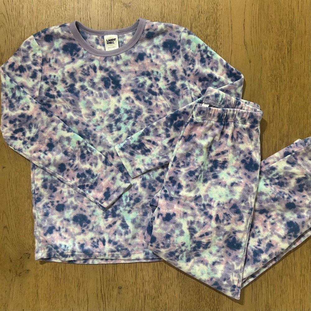 Lands' End Girls Warm Winter Soft Fleece Purple Tie-Dye Pajamas 10/12 Medium